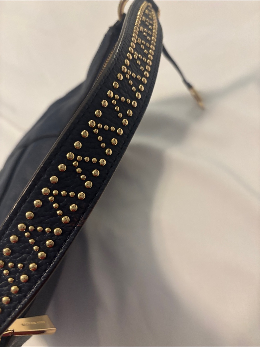 Michael Kors Lydia Navy Pebbled Leather Hobo Bag w/Gold accents Studded handle - Picture 2 of 12